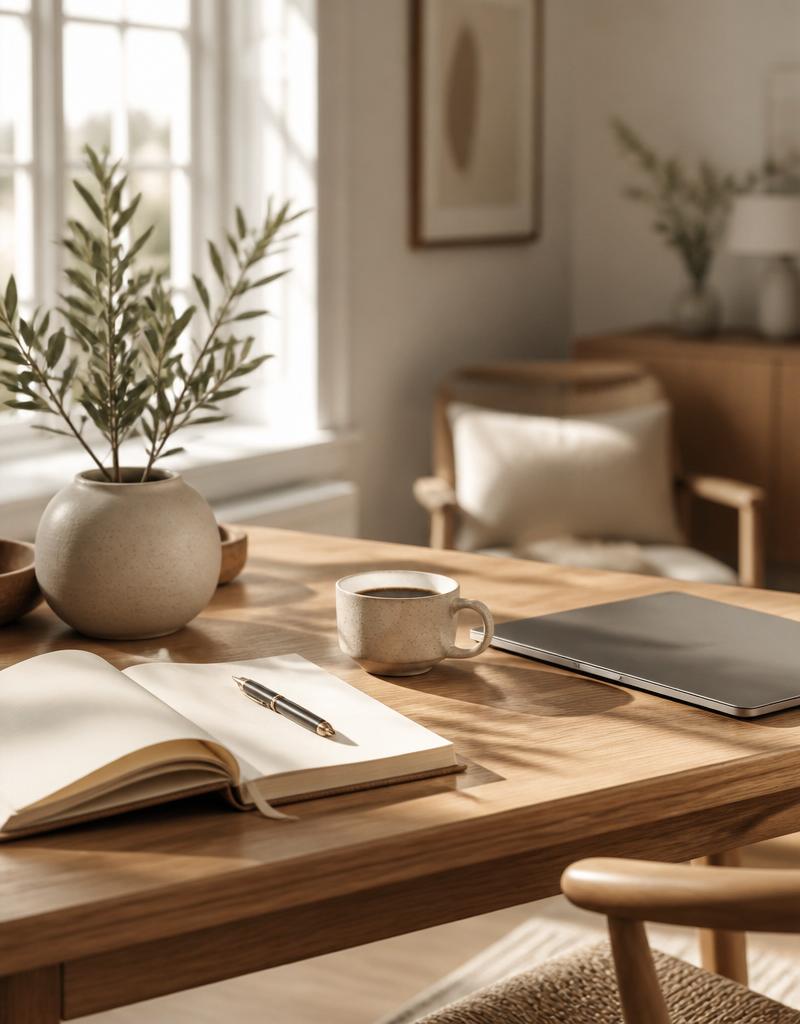 Warm Nordic workspace with notebook, coffee and laptop